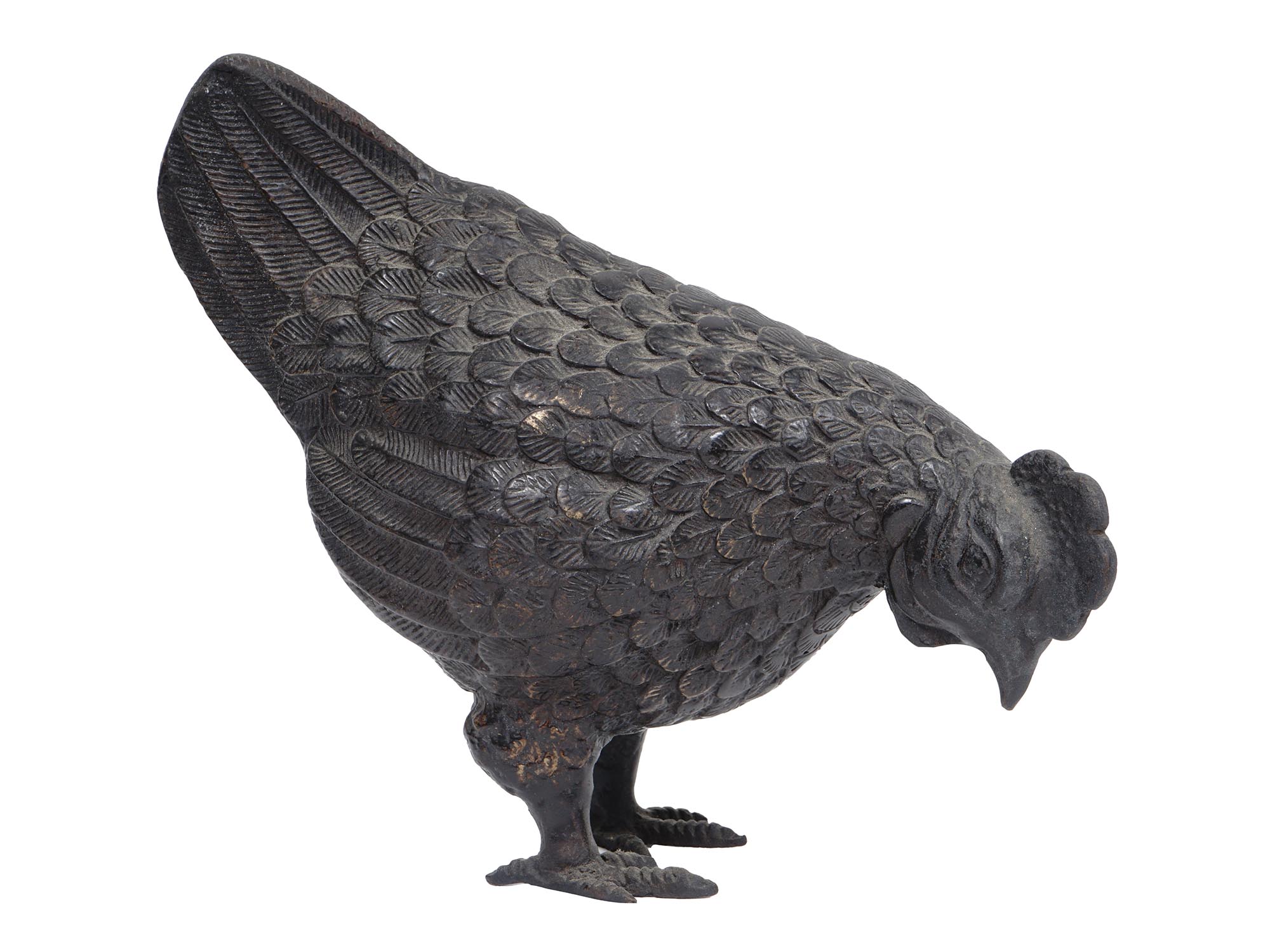 SMALL ASIAN PATINATED BRONZE FIGURINE OF A HEN PIC-1